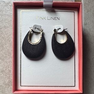 Pink Linen Black Teardrop Hoop Earrings with Gold Accents